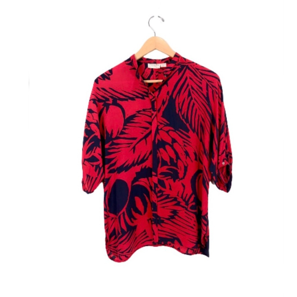 Christian Dior Vintage Leaf Print Blouse In Navy/Red Size M